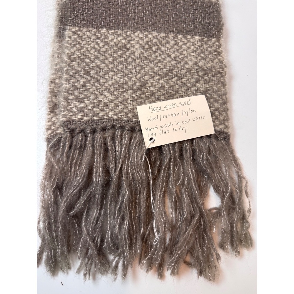 Handmade Hand Woven Scarf Womens Brown Tan Wool Mohair‎ Fringed Colorblock